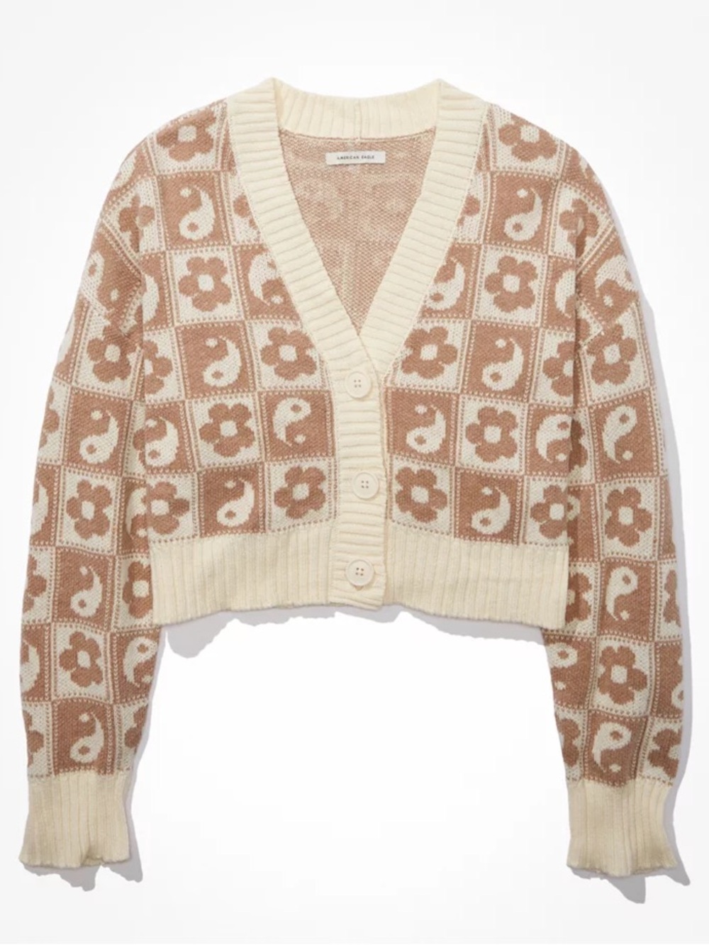American Eagle Outfitters Beige Floral Cropped Cardigan - Picture 3 of 8